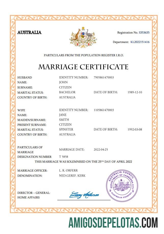 Imprimível modelo Word e PDF de certidão de casamento na Austrália